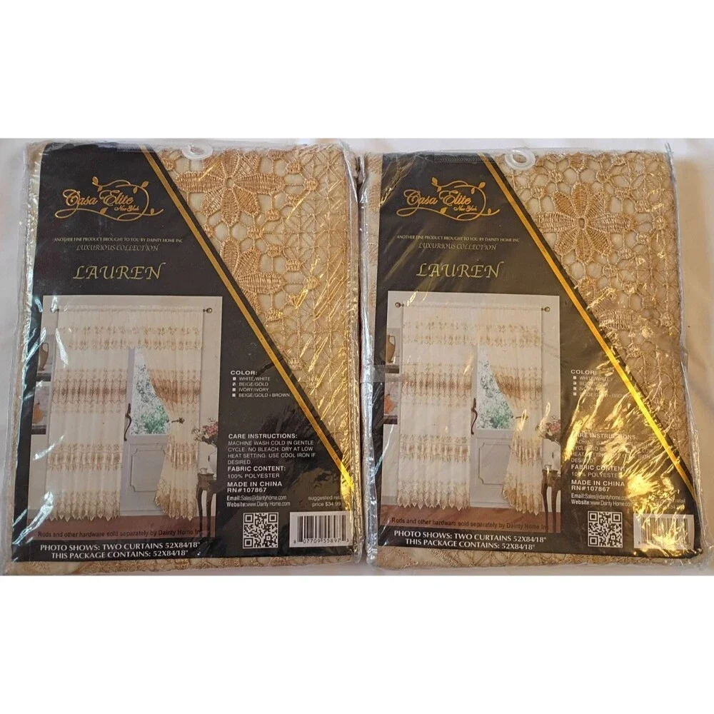 Dainty Home Gold Floral Lace Semi Sheer Curtains  2  Pairs  52x84'' NEW